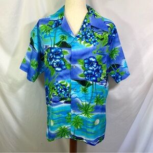Vintage 70’s Pomare Hawaiian Shirt M L Button Down Casual Blue Hibiscus Flower